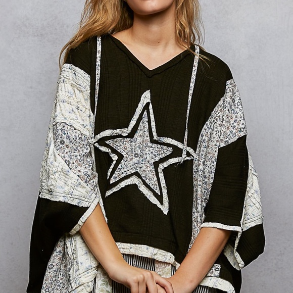 Pol Oversized High Low Shirt V Neck Top Floral Star Oversized Floral Black Small - Picture 4 of 5